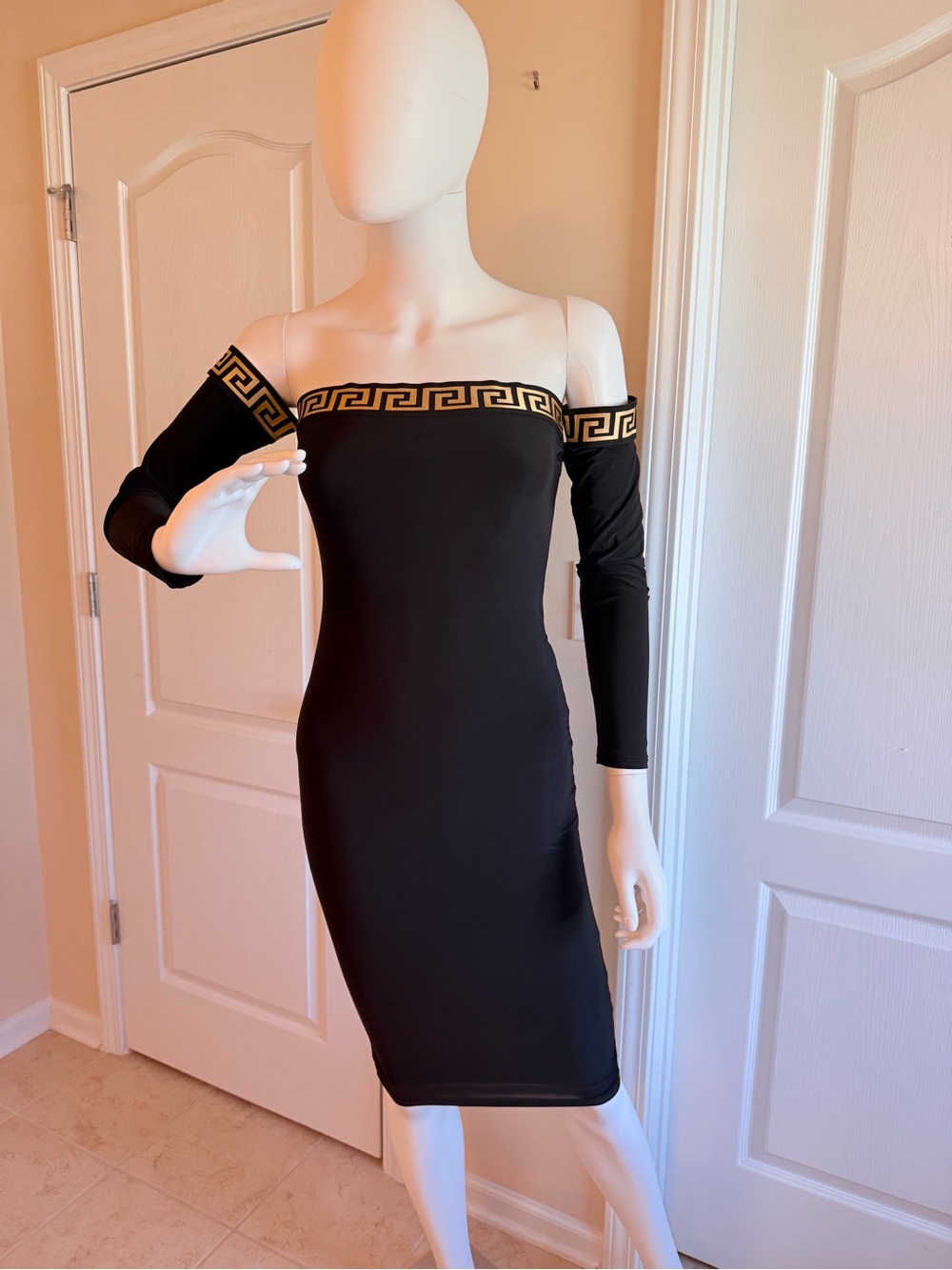 New Fashion Nova Grecia Black Off-Shoulder Bodycon Dress with Gold Trim Size M